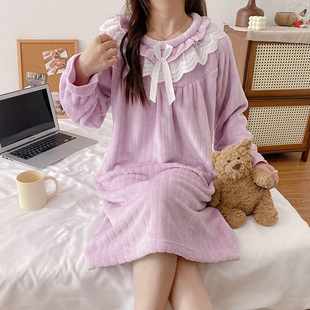 加厚法兰绒睡裙女秋冬季学生可爱花边公主风加绒保暖珊瑚绒家居服