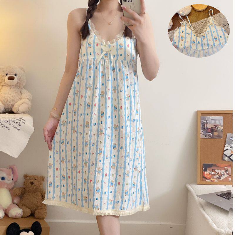小清新吊带睡裙女夏季甜美可爱家居服云朵棉蕾丝花边背心休闲睡衣