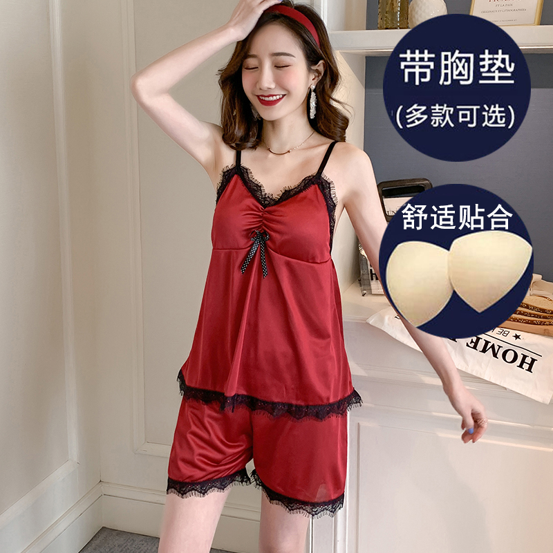 网红性感夏季蕾丝带两件套睡衣