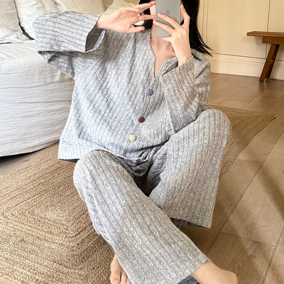 春秋季睡衣女款保暖坑条德绒大码