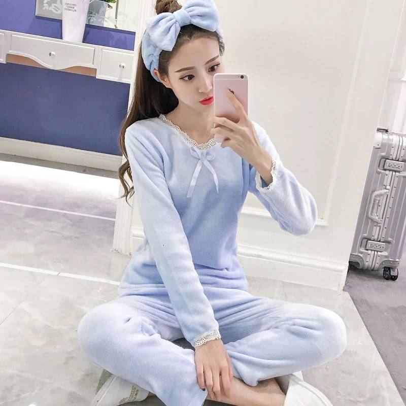 天蓝色珊瑚绒公主风睡衣送发带