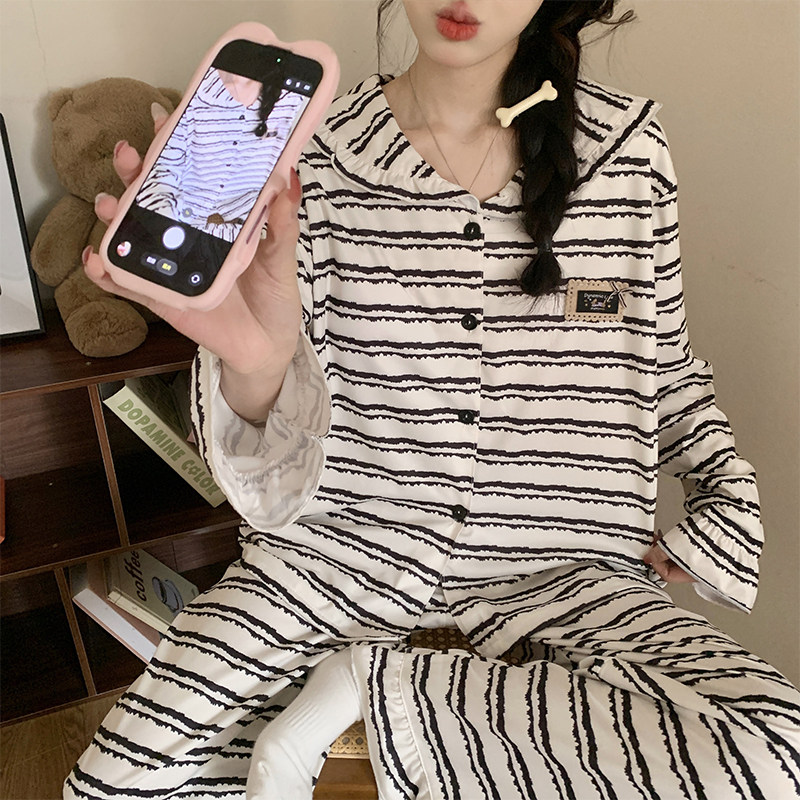 睡衣女春秋季2026新款条纹长袖开衫带胸垫家居服女生休闲宽松套装,女士内衣/男士内衣/家居服,睡衣/家居服套装,淘宝优惠券,粉丝福利购,淘宝优惠卷