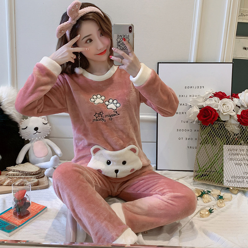 粉色冬天加绒加厚珊瑚绒睡衣女士秋冬款卡通可爱保暖法兰绒家居服