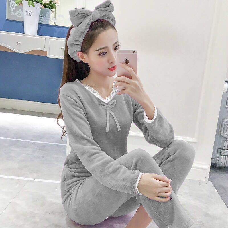 珊瑚绒蕾丝花边灰色睡衣送发带