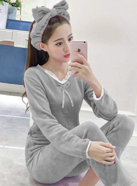 睡衣女秋冬款加厚保暖珊瑚绒蕾丝花边公主风法兰绒送发带灰色套装