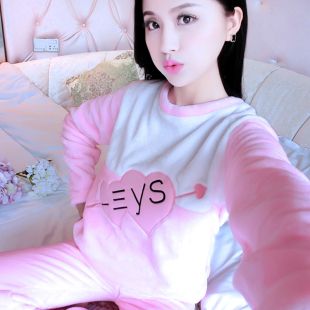珊瑚绒加肥加大码胖mm200斤可外穿休闲家居服加厚法兰绒睡衣女冬