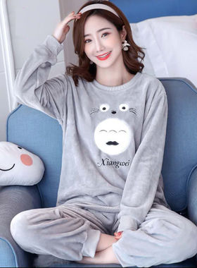 珊瑚绒加肥加大码胖mm200斤睡衣女秋冬宽松灰色加厚法兰绒两件套