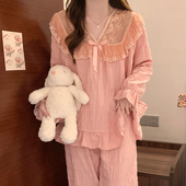 春秋款 纯色束脚防风小香风休闲家居服 冬季 长袖 睡衣女蕾丝花边套装