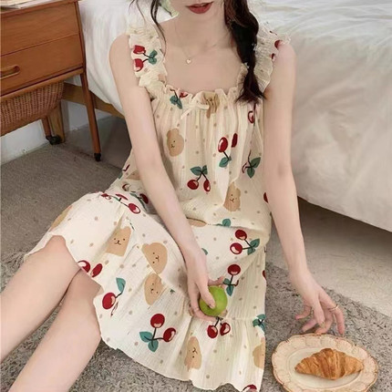 梭织皱布吊带睡裙夏季薄款泡泡棉甜美花边宽松慵懒风荷叶边睡衣女