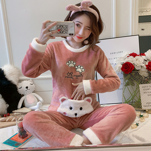 200斤加肥加大码胖mm珊瑚绒睡衣女秋冬季可爱小口袋可外穿家居服