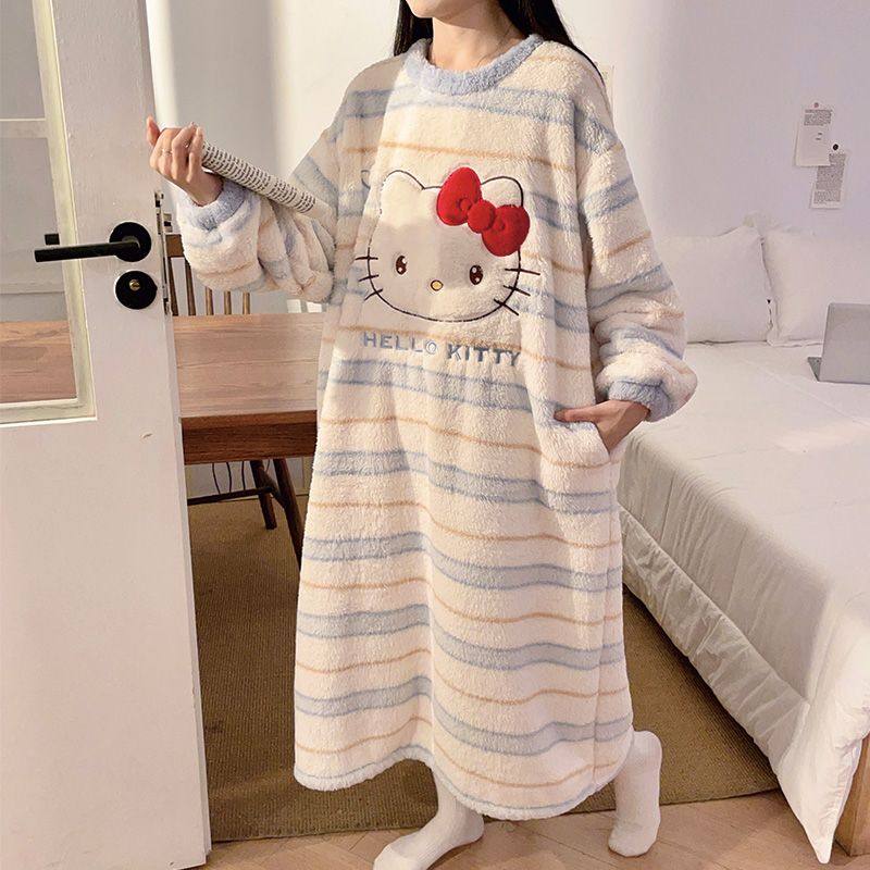 加肥大码秋冬季珊瑚绒条纹卡通宽松睡裙女加厚保暖法兰绒口袋睡衣