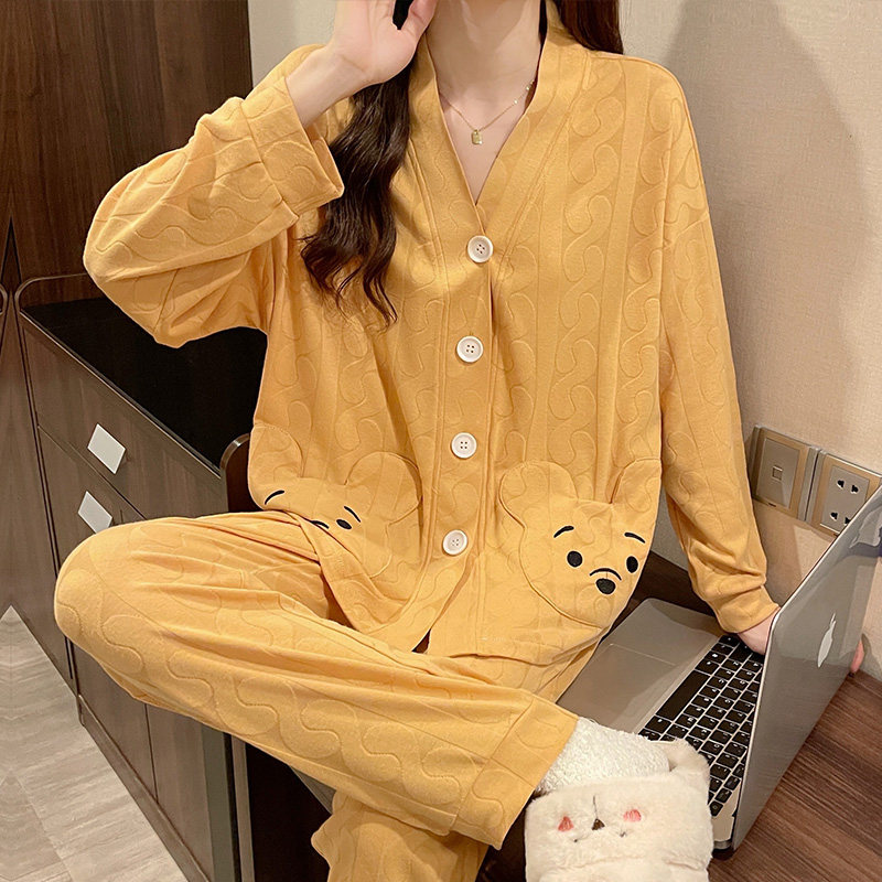 纯棉睡衣女春秋时尚小熊口袋长袖开衫翻领大码宽松居家可外穿套装