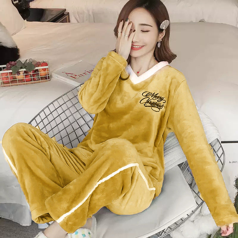 珊瑚绒保暖纯色甜美风可外穿睡衣