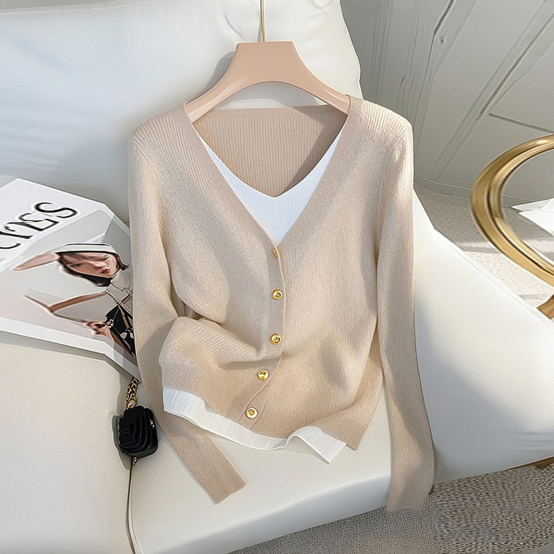 杏色V领假两件长袖毛针织衫早秋季女款2025新款冷淡系高级感上衣
