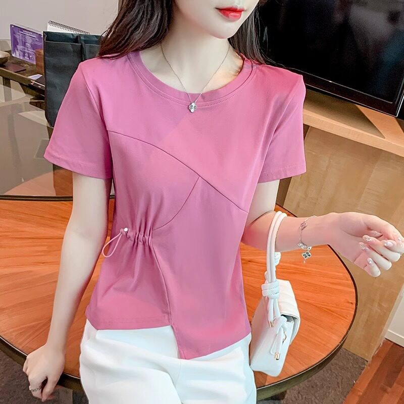 高端短袖女夏季2026新款收腰小衫不规则t恤时尚别致独特短款上衣