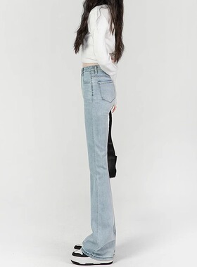 浅蓝色微喇牛仔裤女百搭纯色高腰显瘦马蹄裤修身弹力小个子喇叭裤