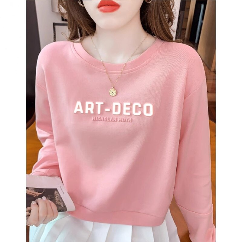 粉色圆领短款卫衣女春秋新款简约百搭韩版宽松字母长袖T恤上衣女