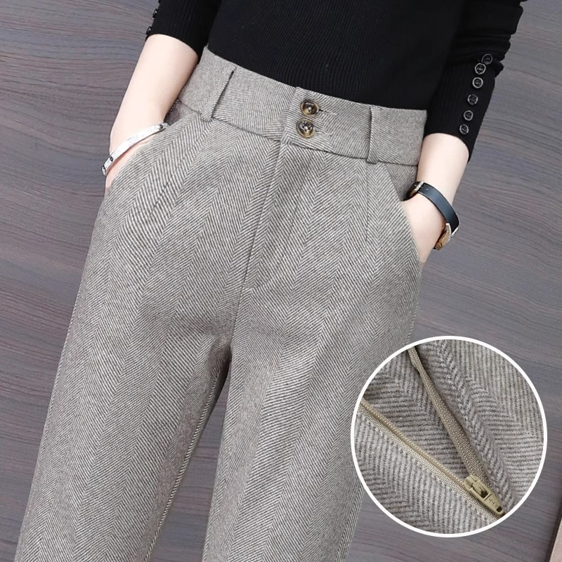 人字纹西装毛呢裤女秋冬2025新款高腰显瘦加绒加厚休闲哈伦烟管裤