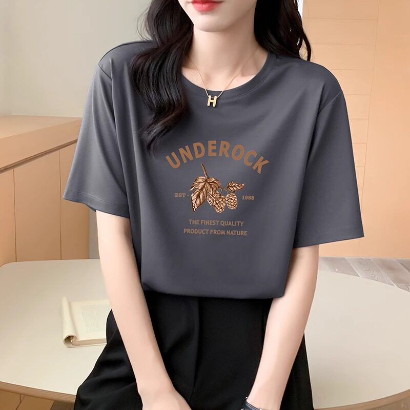 고급 텐셀 반팔 티셔츠 디자인 오른쪽 어깨 여름 신상 여장 루즈핏 날씬한 프린트 탑