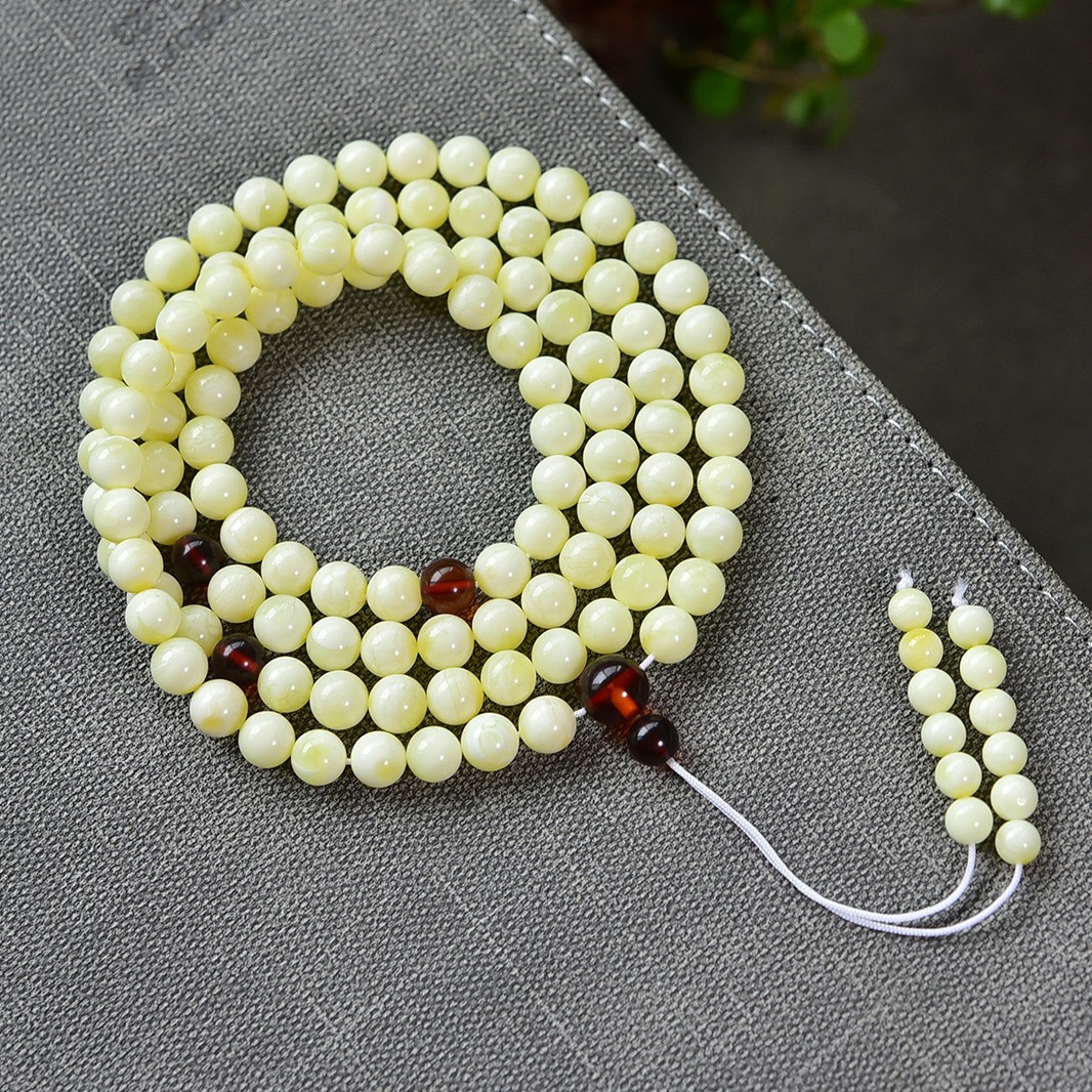 柏利来天然白蜜蜡108颗佛珠多圈手串男女款白云红情侣项链手链