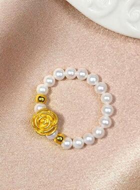 新款中国风百搭仿真珍珠玫瑰花戒指时尚高级感优雅食指环气质送礼