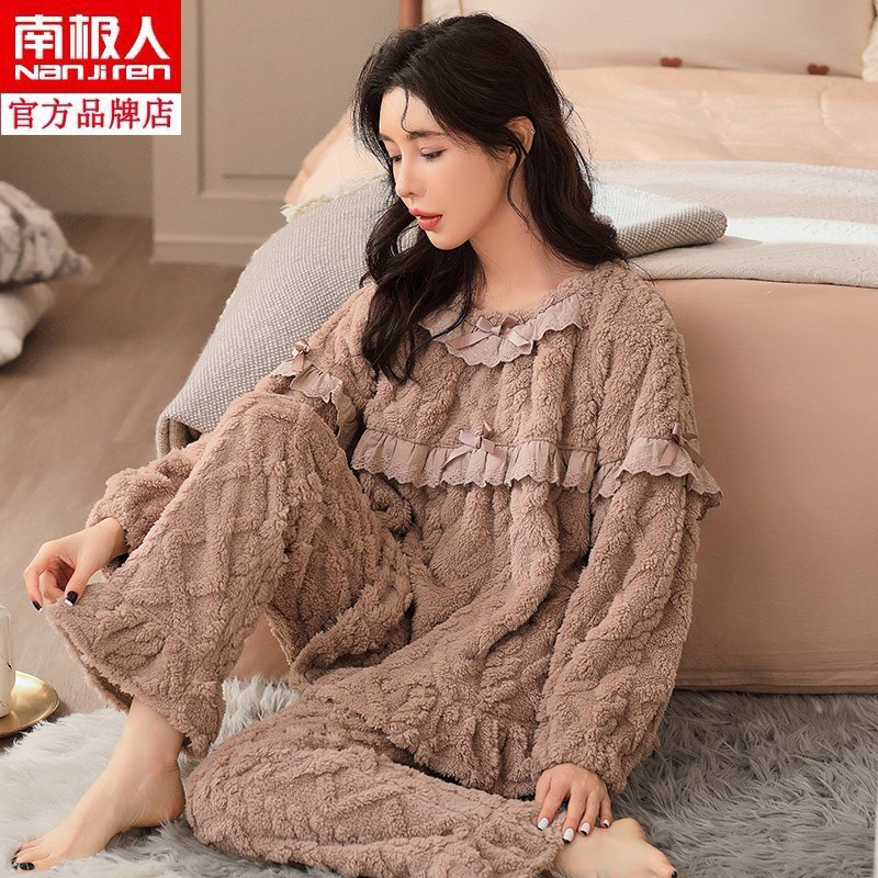 正品南极人法兰绒睡衣女加厚