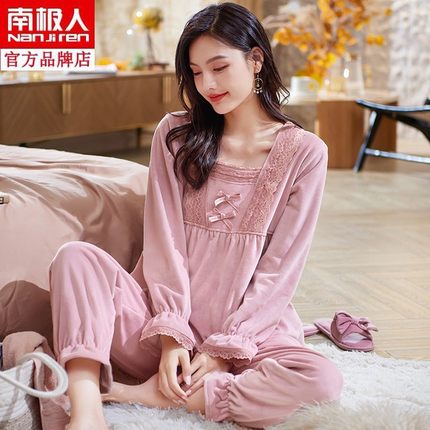 南极人薄款海岛绒睡衣女秋冬季加厚保暖珊瑚绒家居服加大码可外穿