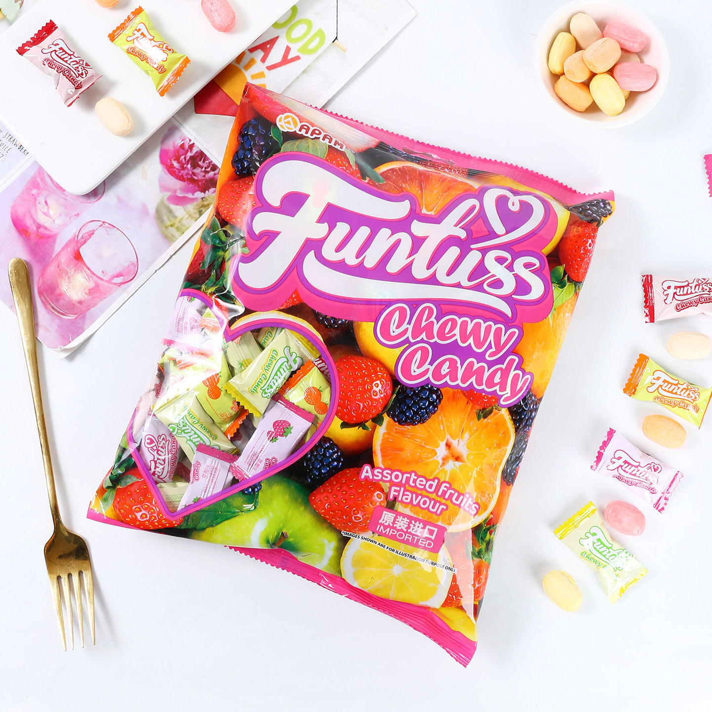 欢特思进口什锦4味水果软糖混合水果味荔枝草莓袋装零食马来西亚
