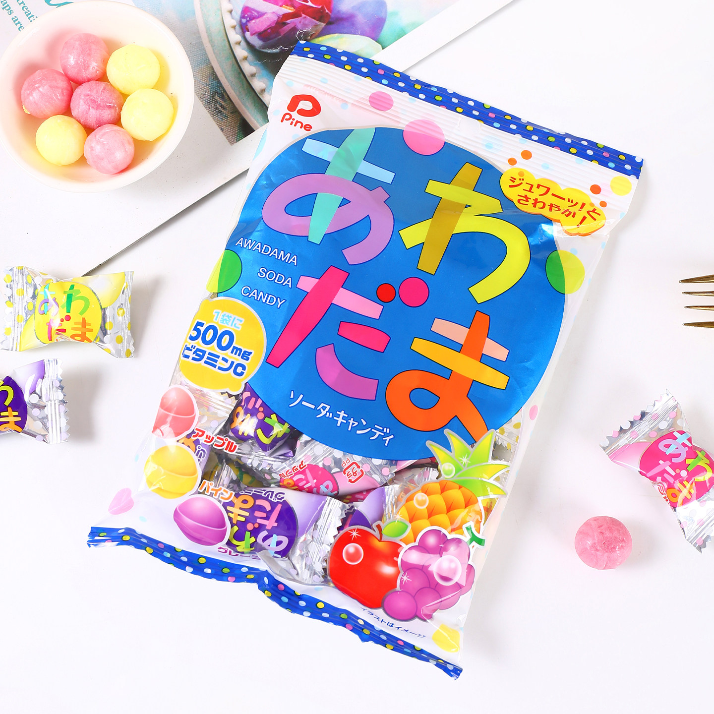 Pine日本水果汽水糖硬糖葡萄菠萝苹果三色混装汽水糖气泡糖果喜糖