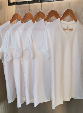 (买一送一) 200g出口日本重磅纯棉V领短袖鸡心领打底T恤男女宽松