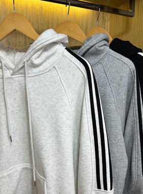 460G重磅连帽卫衣男秋冬款加绒加厚三杠潮牌宽松套头帽衫上衣外套