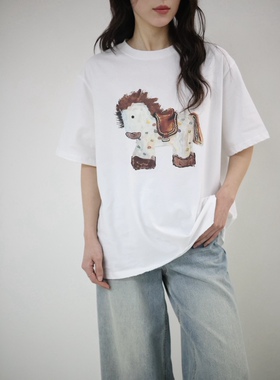 FANERER 高克重水洗棉油画印花小马oversize大码宽松T恤女