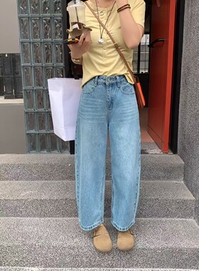 FANERER 复古做旧水洗牛仔裤女春宽松直筒垂感小个子九分老爹裤