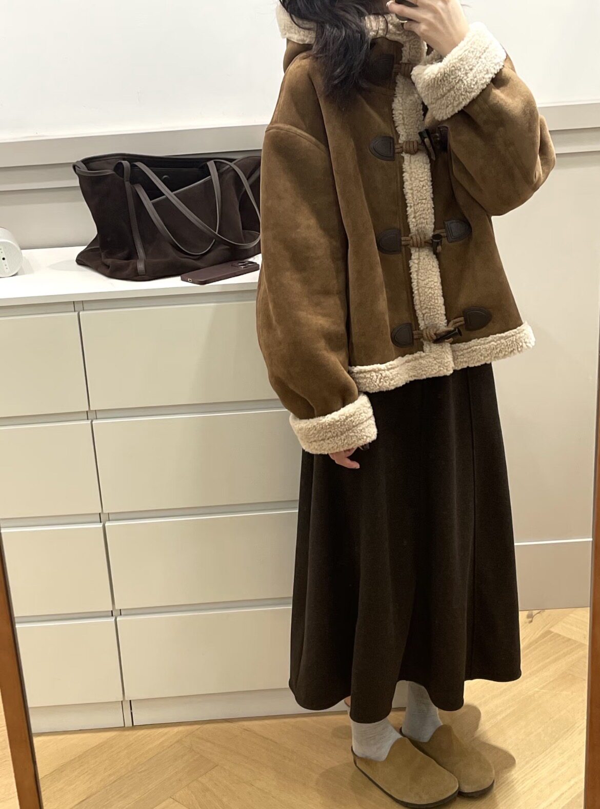 保暖羊羔毛皮毛一体麂皮牛角扣连帽棉服小个子机车上衣外套女冬季
