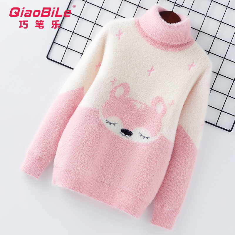 女童毛衣高领秋冬2025新款加绒加厚中大童针织衫小狐狸水貂绒线衣
