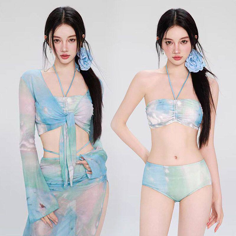 泳衣女分体比基尼四件套长袖长裙防晒欧美新款泳装渡假海边泡温泉