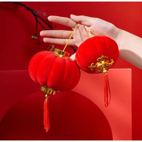 2026新年大红植绒小灯笼挂饰室内盆景户外防水结婚装饰挂件树上