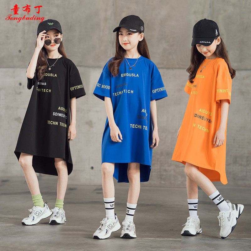 女童连衣裙2022新款个性宽松休闲短袖裙子中大童洋气亲子夏装时髦