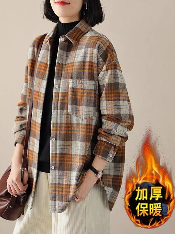 潮牌格子衬衫外套女2024春秋新款大码宽松显瘦时尚设计感磨毛上衣