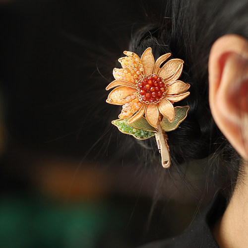 向日葵非遗掐丝国风发夹复古花朵侧边夹立体造型新中式旗袍配饰女
