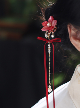森系红色水仙花发梳仙女氛围感飘带蝴蝶结古风插梳流苏汉服头饰女