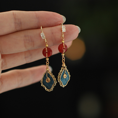 古典蓝色绒布耳饰掐丝仿绒花国风耳环红玛瑙蚊香盘古风汉服配饰女