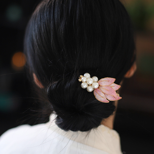 珍珠掐丝锦鲤新中式发夹旗袍秀禾敬酒服发饰头饰古风女童粉色边夹