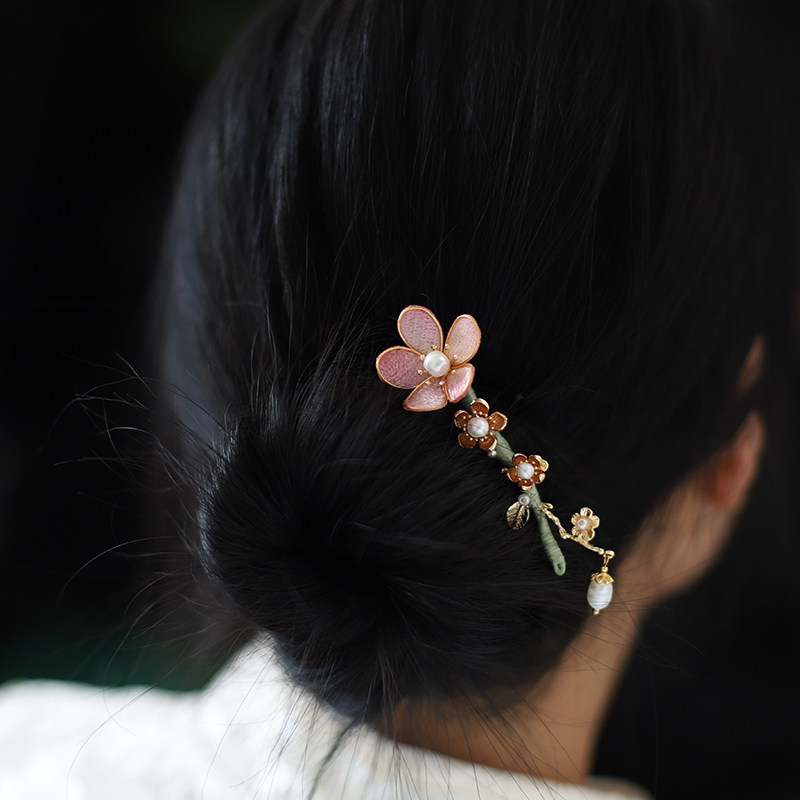 非遗掐丝花朵古风发簪粉色发饰U型簪子仿绒花汉服头饰新中式配饰图片