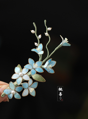 蓝色水仙花国风新中式发夹古风汉服头饰花朵边夹明制侧边后压配饰
