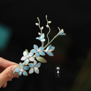 蓝色水仙花国风新中式发夹古风汉服头饰花朵边夹明制侧边后压配饰