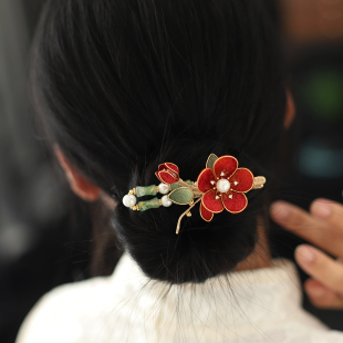 非遗掐丝中式红花新娘头饰订婚旗袍秀禾配饰古风花朵发夹汉服发饰