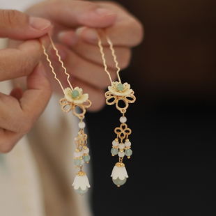 古风铃兰流苏小簪花汉服女童头饰日常点缀小u钗步摇唐风米色头饰