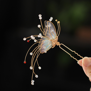 仙气蝴蝶发钗古风发饰女童演出汉服头饰高颜值森系配饰新中式簪子