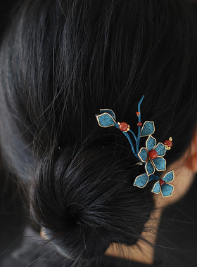 古风蓝色绒布发钗仿绒花汉服盘发头饰玛瑙旗袍配饰清汉女秀禾发饰